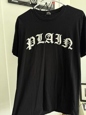 PLAIN Black Tee with White Gothic 'PLAIN' Print